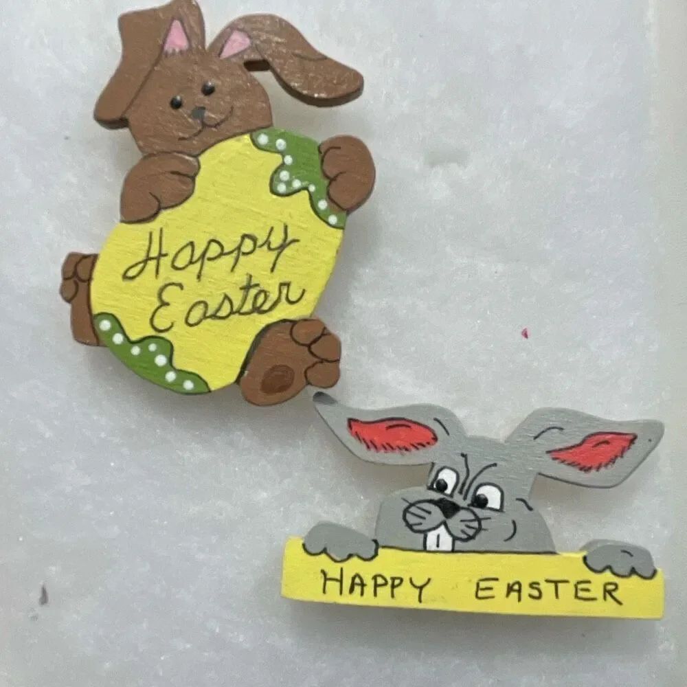 Lot of 2 artisan craft fair wood brooches Easter